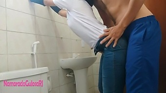 Nine-Month Secret: Passionate Bathroom Encounter With Brunette And Cum Inside